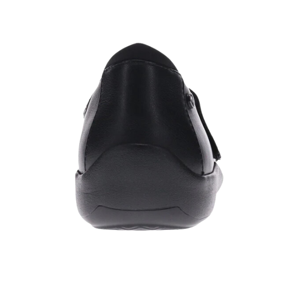 Rear view of the REVERE Womens Timaru Mary Jane Black—orthotic leather shoes with a rounded heel, textured sole, and smooth finish, offering women’s comfort and lasting support, pictured on a white background.