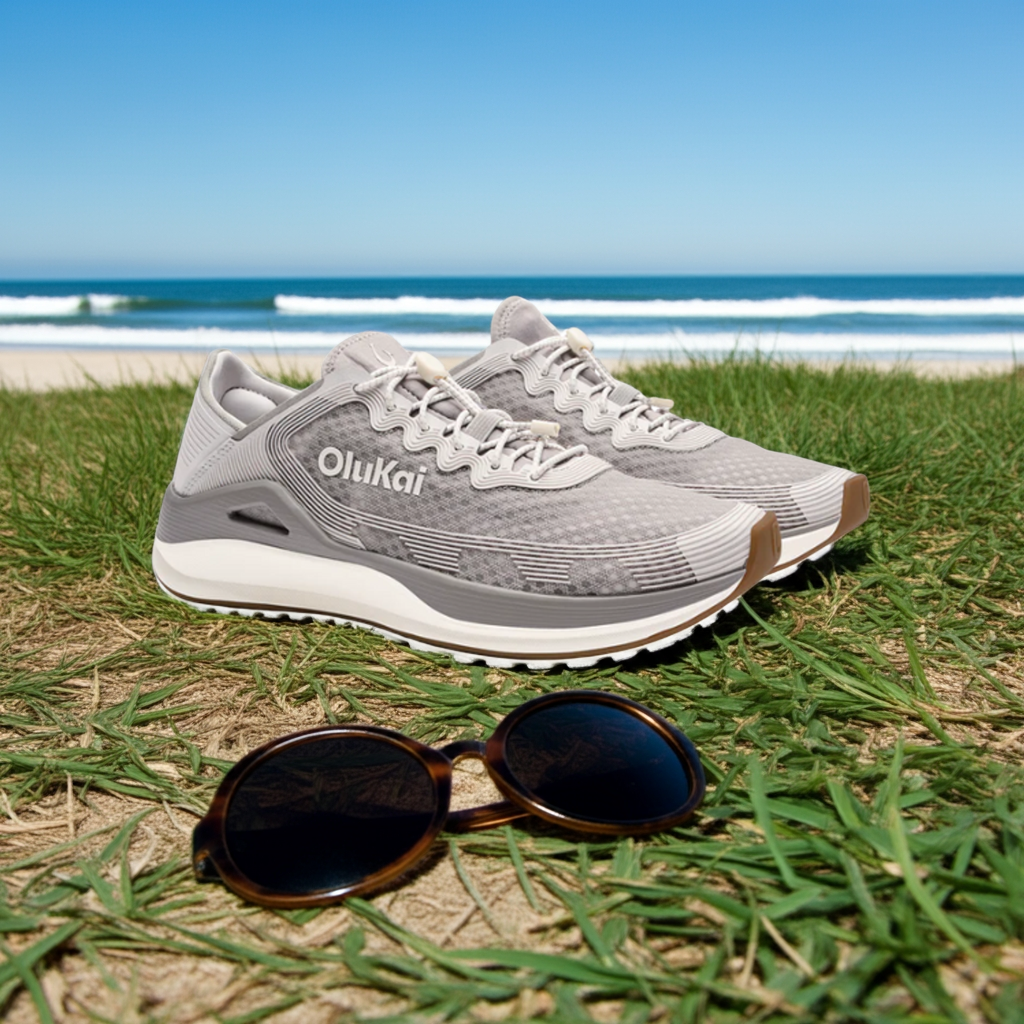A pair of OLUKAI Mens Ahi Ash/Sterling sneakers and round sunglasses rest on grassy sand by the beach, with waves and a blue sky in the background.