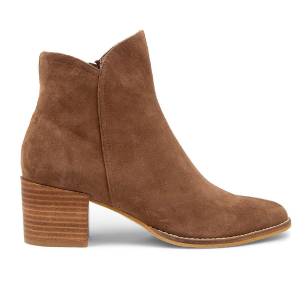 The Django & Juliette Womens Mockas Chocolate Suede ankle boot features a chunky stacked heel, rounded toe, and side zipper—ideal for stylish support—shown in profile against a white background. Brand: DJANGO & JULIETT.