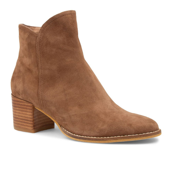 The Django & Juliette Womens Mockas Chocolate Suede ankle boot by DJANGO & JULIETT features a rounded toe, mid-height stacked wooden heel, and comfort-focused design to help reduce foot pain, shown against a white background.