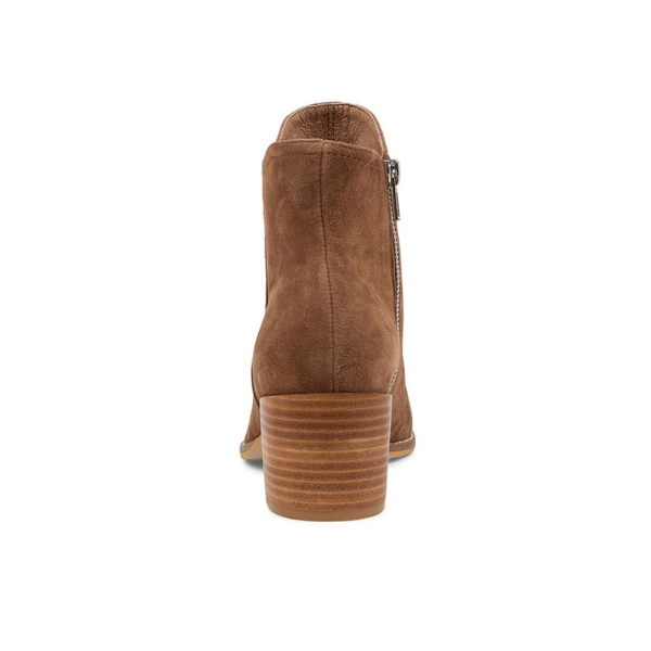 The Django & Juliette Womens Mockas Chocolate Suede boot by DJANGO & JULIETT features a rounded top edge, stacked wooden heel, visible side zipper, and chic back view—an ankle boot designed for stylish comfort.