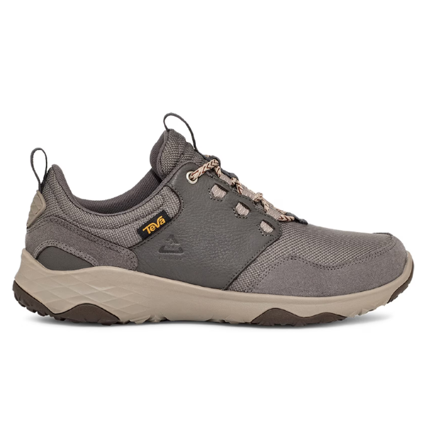 The Teva Mens Canyonview RP in Grey/Burro features mesh and leather panels, a textured sole, and lace-up design. Shown side profile on white background. Ideal for outdoor adventures and foot pain relief.