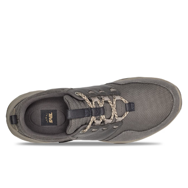 Top view of the Teva Mens Canyonview RP in Grey/Burro, featuring tan and gray laces, a mesh upper, and Teva branding on the insole—engineered for comfort and foot pain relief.