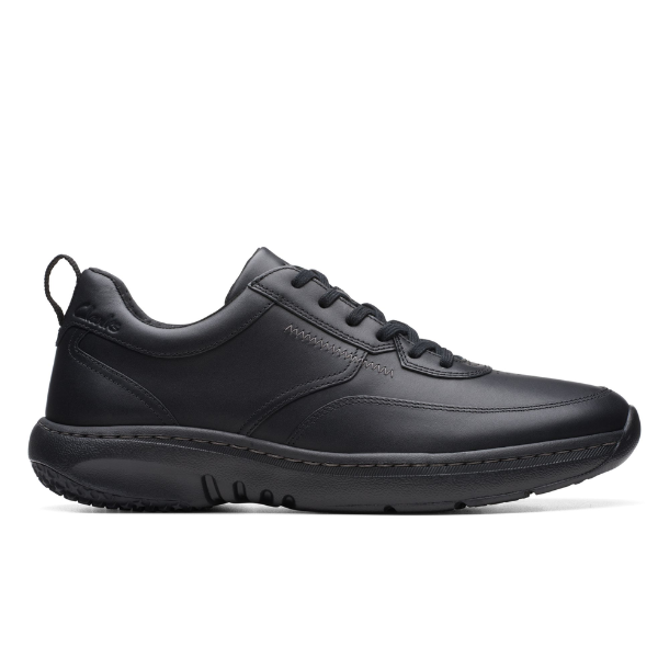 The CLARKS Mens Pro Lace Black Leather is a black low-top leather sneaker with lace-up closure, slip-resistant rubber sole, subtle stitching, heel pull tab, and all-day comfort tech.