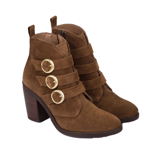 The NASSIMA Nassima Womens Tours 005 Brown Suede booties feature three gold buckles and side straps, a chunky high heel, arch support for comfort, and a convenient side zipper.