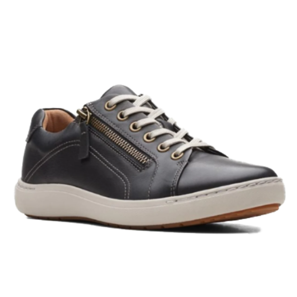 The Clarks Womens Nalle Lace Wide Black/White sneaker by CLARKS features a durable black leather upper, white laces and sole, brown outsole, side zipper, and Contour Cushion footbed—perfect stylish support for plantar fasciitis.