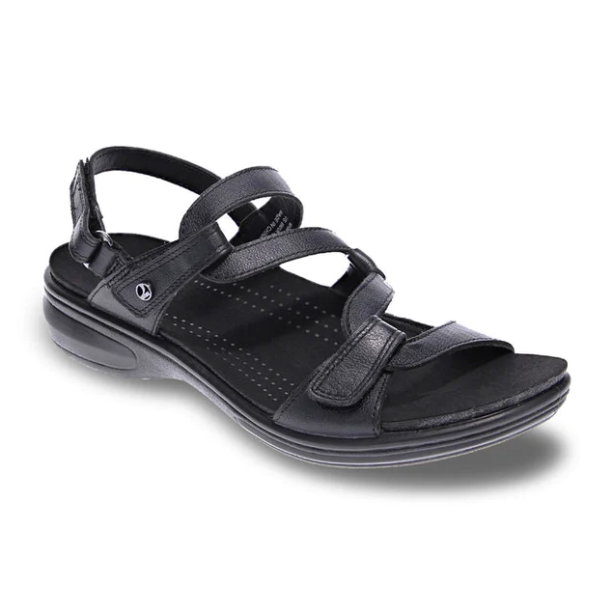The Revere Womens Emerald Black sandal by REVERE features luxe leather, adjustable Velcro straps, a cushioned insole, and a contoured, slightly raised sole for comfort and foot pain relief.