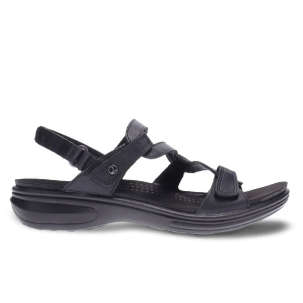 The Revere Womens Emerald Black sandal by REVERE features adjustable Velcro straps, a cushioned contoured sole, and luxe leather for comfort, support, and foot pain relief.