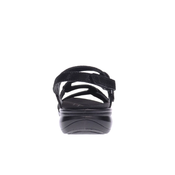 Rear view of REVEREs Womens Emerald Black sandals, featuring luxe leather, a low wedge heel, open toe design, and adjustable straps for foot pain relief, shown against a plain white background.