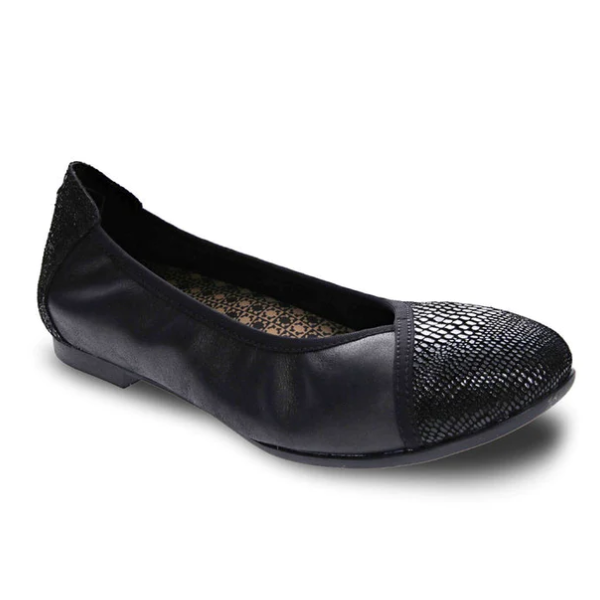 The REVERE Womens Nairobi Black Lizzard ballet flat features a textured, shiny toe cap, soft matte body, low heel, and patterned insole for stylish comfort and all-day foot pain relief.