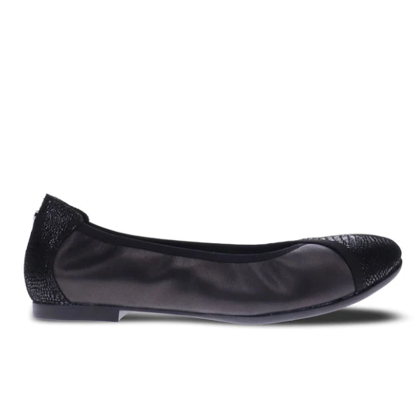 The REVERE Womens Nairobi Black Lizzard ballet flat features a textured toe and heel for foot pain relief, shown in profile view against a white background.