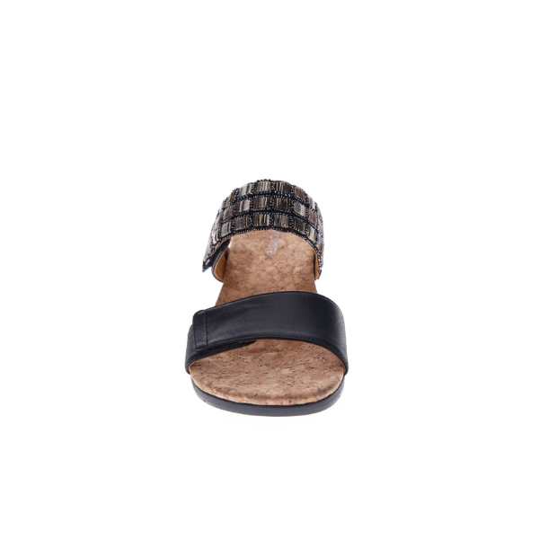 Front view of the Revere Womens Sorrento Onyx by REVERE, showcasing a cork footbed, black toe strap, textured beaded top strap, and metatarsal raise for foot pain relief. Displayed on a white background.