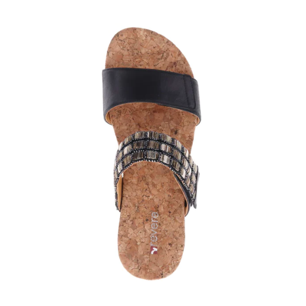 The REVERE Womens Sorrento Onyx sandal features cork soles, a plain black toe strap, a patterned arch strap, and a subtle metatarsal raise for foot pain relief, shown from above.