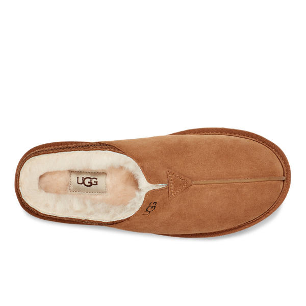 Top view of a single UGG Mens Neuman Slipper in Chestnut, with plush UGGpure wool lining, a visible UGG logo on the insole, and a central seam.