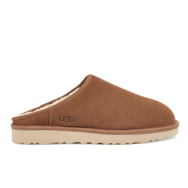 The UGG Mens Classic Slip-On Chestnut features brown suede, a plush cream lining, and a light tan rubber sole. Shown in side profile against a white background.