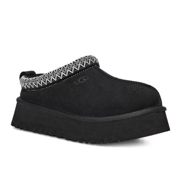 The UGG Womens Tazz Slipper Black is a slip-on with a thick platform sole, UGG logo on the side, distinctive stitching along the upper edge, and lined with cozy UGGplush™ wool blend for superior comfort.