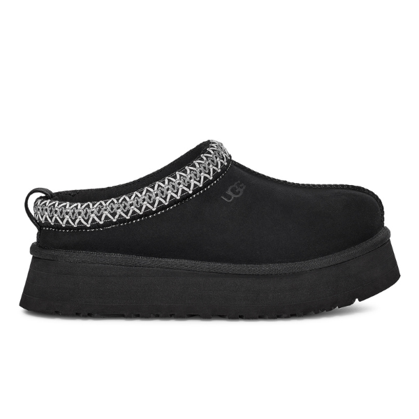 The UGG Womens Tazz Slipper Black features a platform sole, detailed stitching, patterned trim, side branding, a heel loop, and a soft UGGplush™ wool blend lining for comfort.