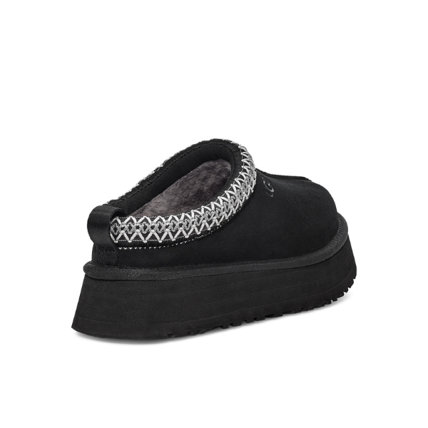 The UGG Womens Tazz Slipper Black features a thick platform sole, gray UGGplush™ wool blend sheepskin lining, and a stitched ankle collar detail, shown from the back.