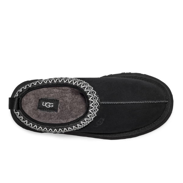 Top view of the UGG Womens Tazz Slipper Black by UGG, featuring a black platform sole, gray wool blend lining, decorative stitching at the opening, and a visible UGG logo on the insole.