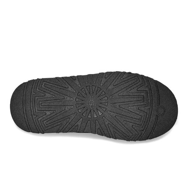 The UGG Womens Tazz Slipper Black features a durable black rubber platform sole with a circular center pattern and radiating grooves for traction, complemented by a soft UGGplush™ wool blend lining.