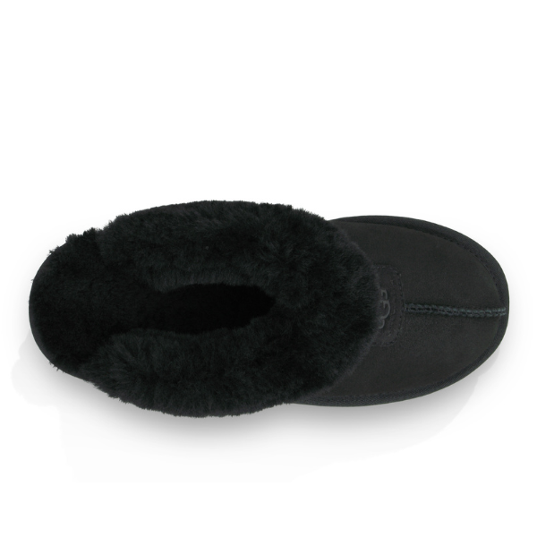 Top view of a single UGG Womens Coquette Slipper in black with plush sheepskin lining and a rounded toe, displayed on a white background—ideal for cozy comfort and soothing sore feet.