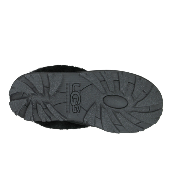 The image displays the black rubber sole of the UGG Womens Coquette Slipper Black, featuring a central UGG logo and textured tread for grip, comfort, and foot pain relief.