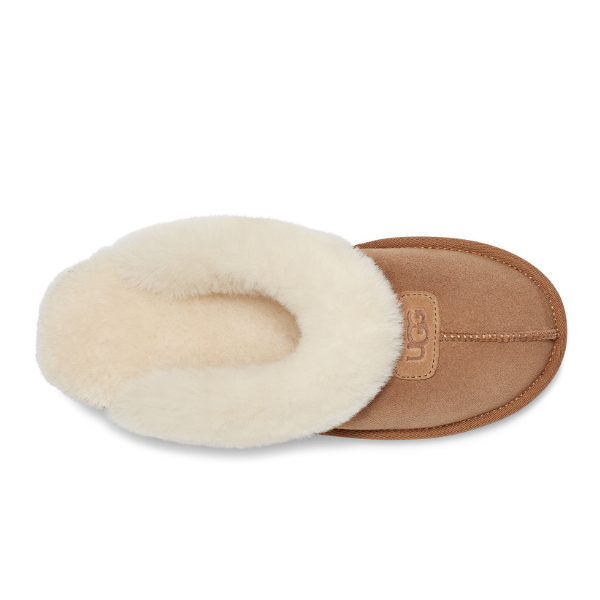 Top view of the UGG Womens Coquette Slipper in Chestnut by UGG, featuring plush cream sheepskin lining, stitched toe detail, and the UGG logo on the front.