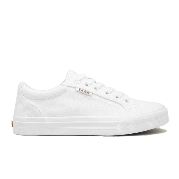 The TAOS Womens Plim Soul Lux White Leather is a white low-top sneaker with metatarsal support, white laces and sole, plus a small side tag, all set against a plain white background.