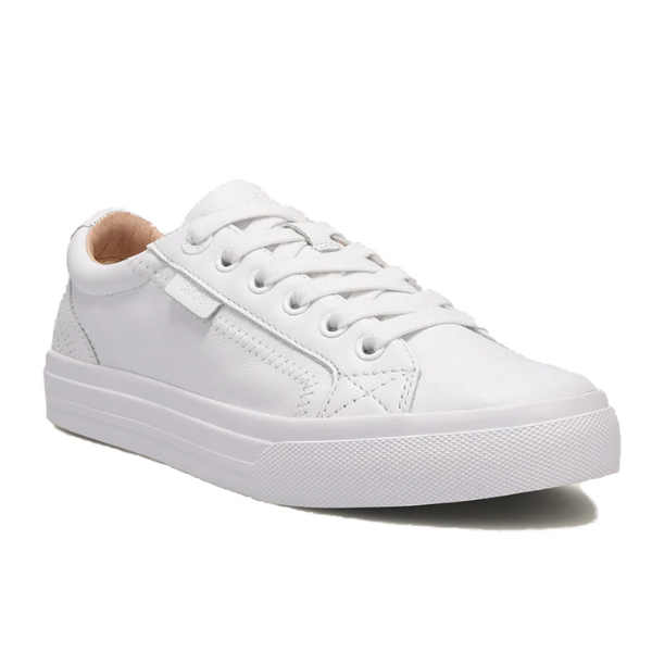 The TAOS Womens Plim Soul Lux White Leather is a low-top, white leather sneaker with metatarsal support, white laces, detailed stitching, and a rubber sole—displayed against a plain white background.