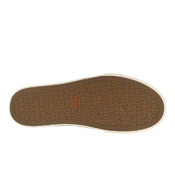 The image shows the bottom view of a TAOS Womens Z Soul Graphite/Light Grey Distressed shoe, featuring a light brown sole with a beige edge and a repeating TAOS pattern, highlighting its removable footbed for enhanced arch support.