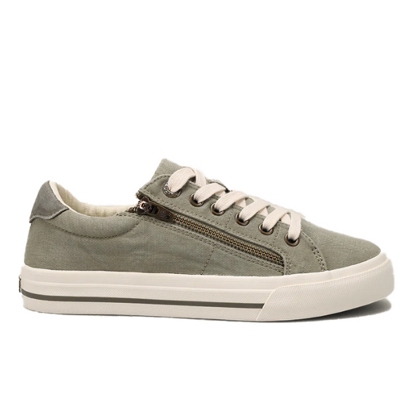 The TAOS Taos Womens Z Soul Sage/Olive Distressed sneaker features white laces, a white rubber sole, a side zipper, and a removable footbed for arch support, shown left-facing on a plain white background.