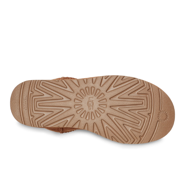 The image shows the bottom view of a brown sandal sole with a textured, geometric tread pattern and a circular logo in the center, similar to the comfort and design of the UGG Womens Classic Ultra Mini Boot Chestnut by UGG.
