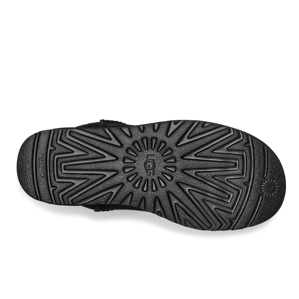 The UGG Womens Classic Ultra Mini Boot Black features a black rubber sole with textured zigzag and circular patterns, embossed UGG branding, and a tread designed for traction, durability, and foot support.