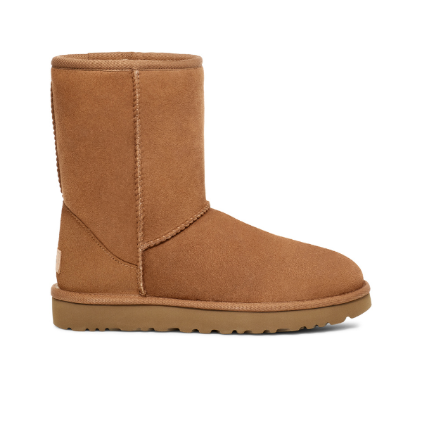 The UGG Womens Classic Short II Boot in Chestnut features a rounded toe, flat sole, and mid-calf height, crafted from plush sheepskin and displayed on a white background.