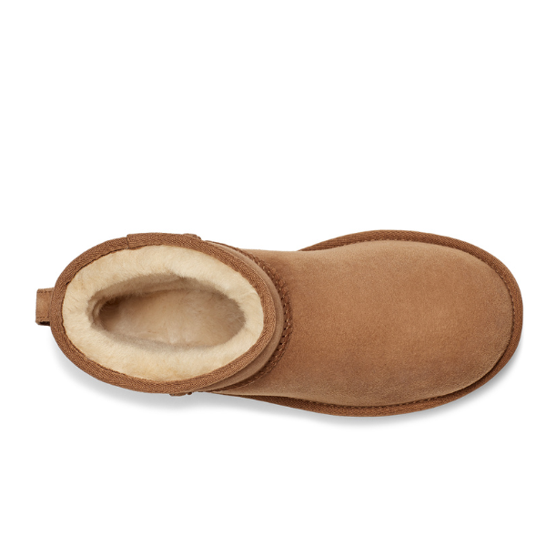 Top view of the UGG Womens Classic Mini II Boot in Chestnut, featuring tan suede and plush cream shearling lining for cozy comfort and foot pain relief.