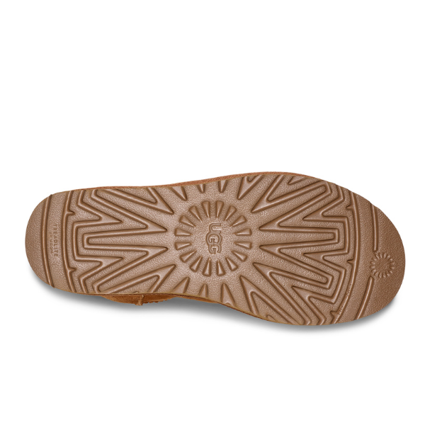 The image displays the sole of the UGG Womens Classic Mini II Boot in Chestnut, showing a textured pattern with grooves and the UGG logo embossed in the center. These boots are renowned for their comfort and warmth.