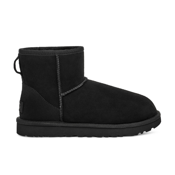 The UGG Womens Classic Mini II Boot Black features a black suede upper, flat sole, visible stitching, and back pull tab. Displayed in side profile against a white background.