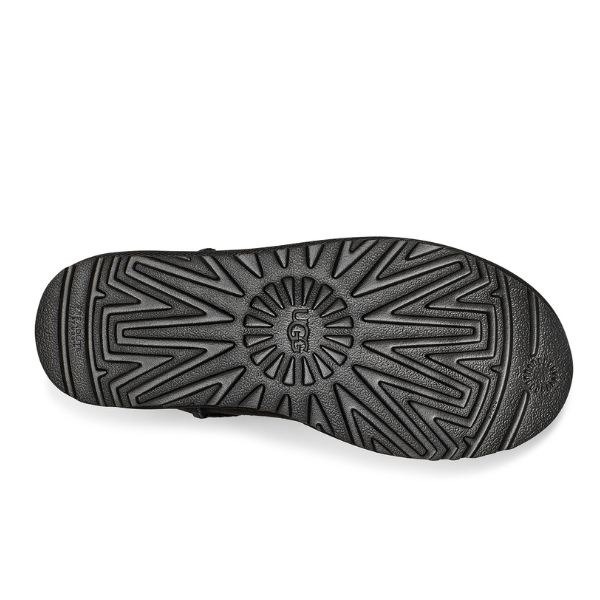 The UGG Womens Classic Mini II Boot Black features a black rubber sole with a geometric, radiating tread and “GF” at the center, designed for comfort and foot pain relief. Shown against a white background. Brand: UGG.