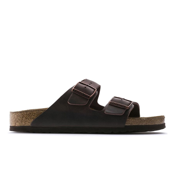 The BIRKENSTOCK Mens Arizona Soft Footbed Oiled Leather Habana sandal features two adjustable buckle straps, a brown oiled leather finish, and a supportive soft footbed, shown from the side against a white background.