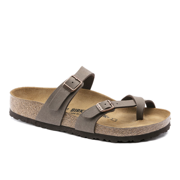 The BIRKENSTOCK Womens Mayari Birkibuc Mocha sandal features two adjustable straps with buckles, a comfortable cork footbed, and a black textured sole, shown against a white background.