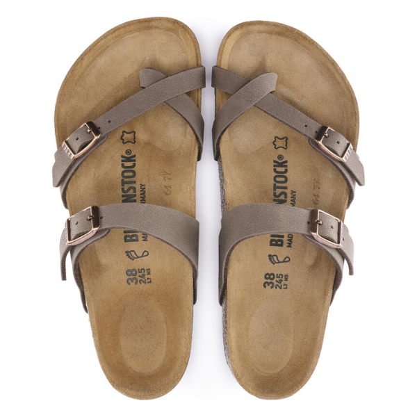 A pair of Birkenstock Womens Mayari Birkibuc Mocha sandals with crisscross straps and buckles, shown side by side on a white background, displaying the BIRKENSTOCK brand name and size on the footbeds.