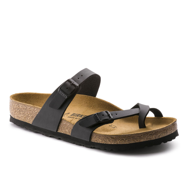 The BIRKENSTOCK Womens Mayari Birko-Flor Black Leather sandal features two adjustable straps, an ergonomic cork footbed, and a textured black rubber sole for comfort and style.