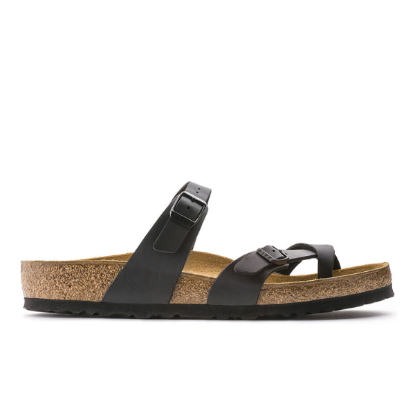 The BIRKENSTOCK Womens Mayari Birko-Flor Black Leather sandal features two adjustable buckle straps and a cork footbed, shown from the side on a white background for a stylish, comfortable look.
