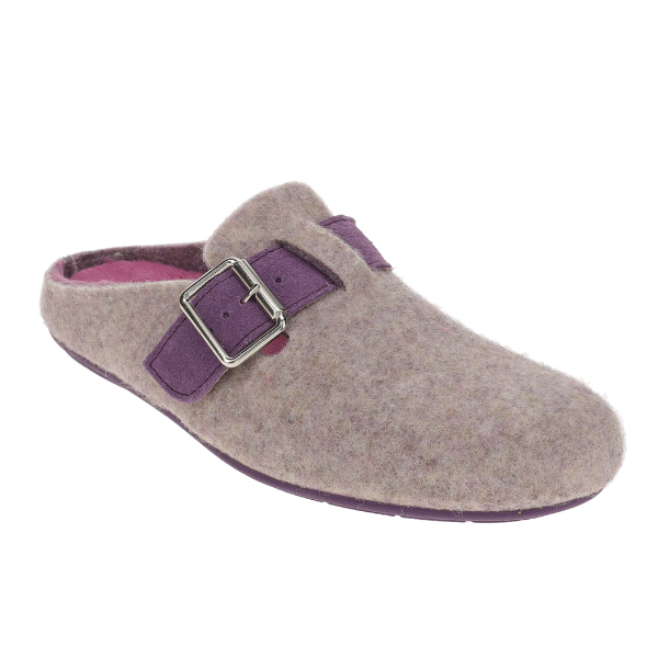 The SOVELLA Womens Nancy Slipper Purple is a beige felt slip-on clog with a purple strap, silver buckle, and matching sole and lining—engineered for orthotic comfort to help alleviate foot pain.