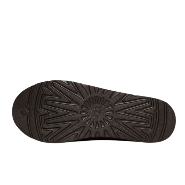 The image displays the bottom view of a dark brown UGG Mens Tasman Slippers sole, featuring a geometric tread pattern for grip against a plain white background.