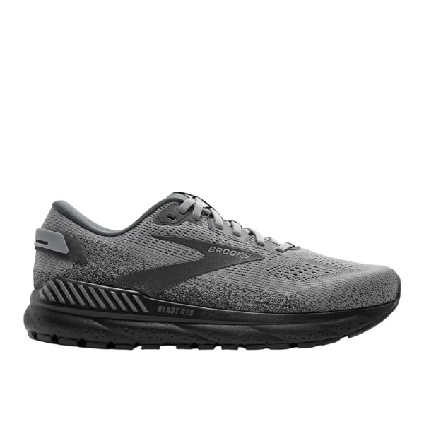 The Brooks Mens Beast GTS 24 Wide Grey is a gray running shoe with black accents, mesh upper, cushioned sole, and GuideRails® support system for max support and foot pain relief. Features a lace-up design, supportive heel, and is by BROOKS.