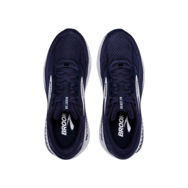 Top view of Brooks Mens Beast GTS 24 Wide Navy running shoes by BROOKS, featuring white midsoles and GTS 24 branding, placed side by side on a white background for maximum support and comfort.