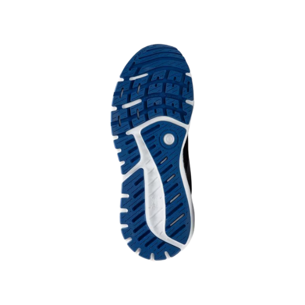 The image shows the sole of the BROOKS Mens Beast GTS 24 Wide Navy sneaker, featuring a blue base with white accents and black details. The textured tread maximizes grip and support, with a small circular design near the center.