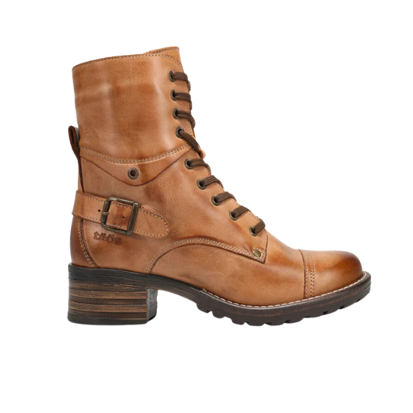 The TAOS Womens Crave Boot Caramel is a brown leather lace-up ankle boot with a chunky low heel, side buckle, and visible stitching—orthotic friendly comfort footwear shown in side profile on a white background.