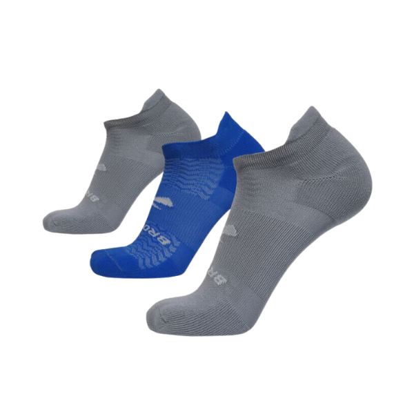The BROOKS Unisex No Show 3-Pack Grey/Blue features three lightweight ankle socks—two gray and one blue in the center—shown against a white background, side by side with heel and toe cushioning for running comfort.